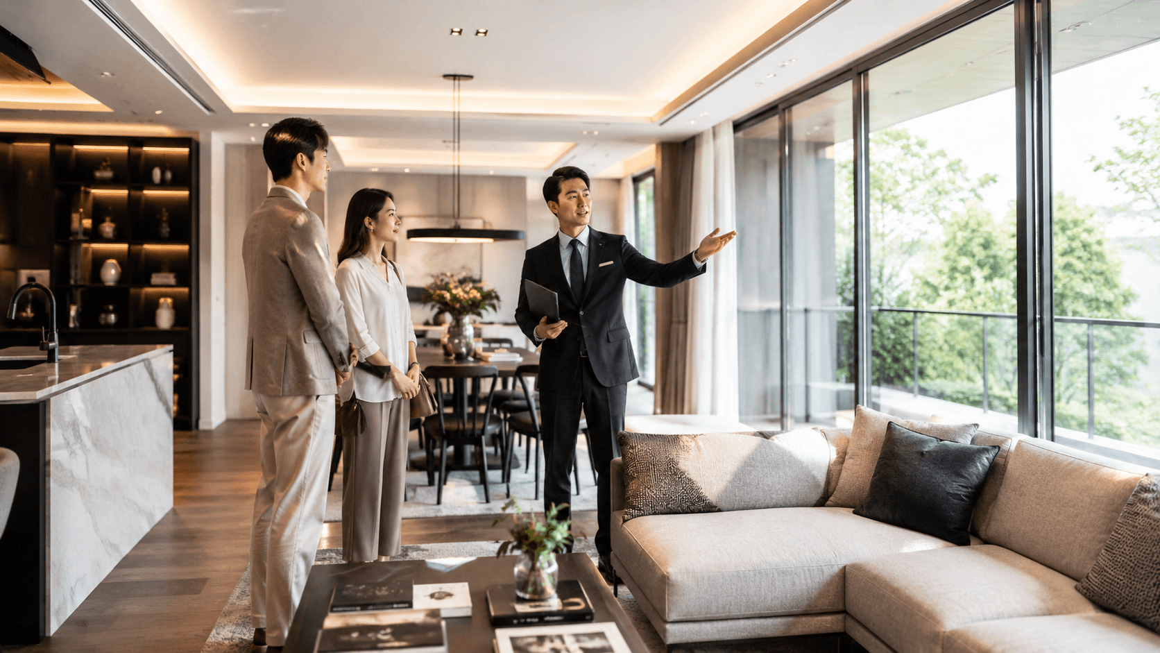 陽光の差し込む上質なリビングと高級マンションの内見イメージ